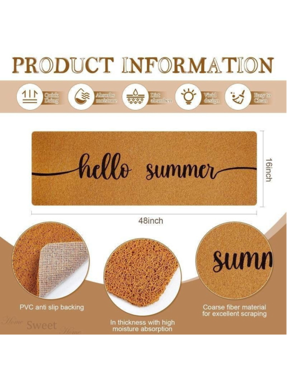 Hello Summer Long Doormat 48"x16" Non Slip Indoor Outdoor Entry Rug Welcome Mat - Picture 2 of 2